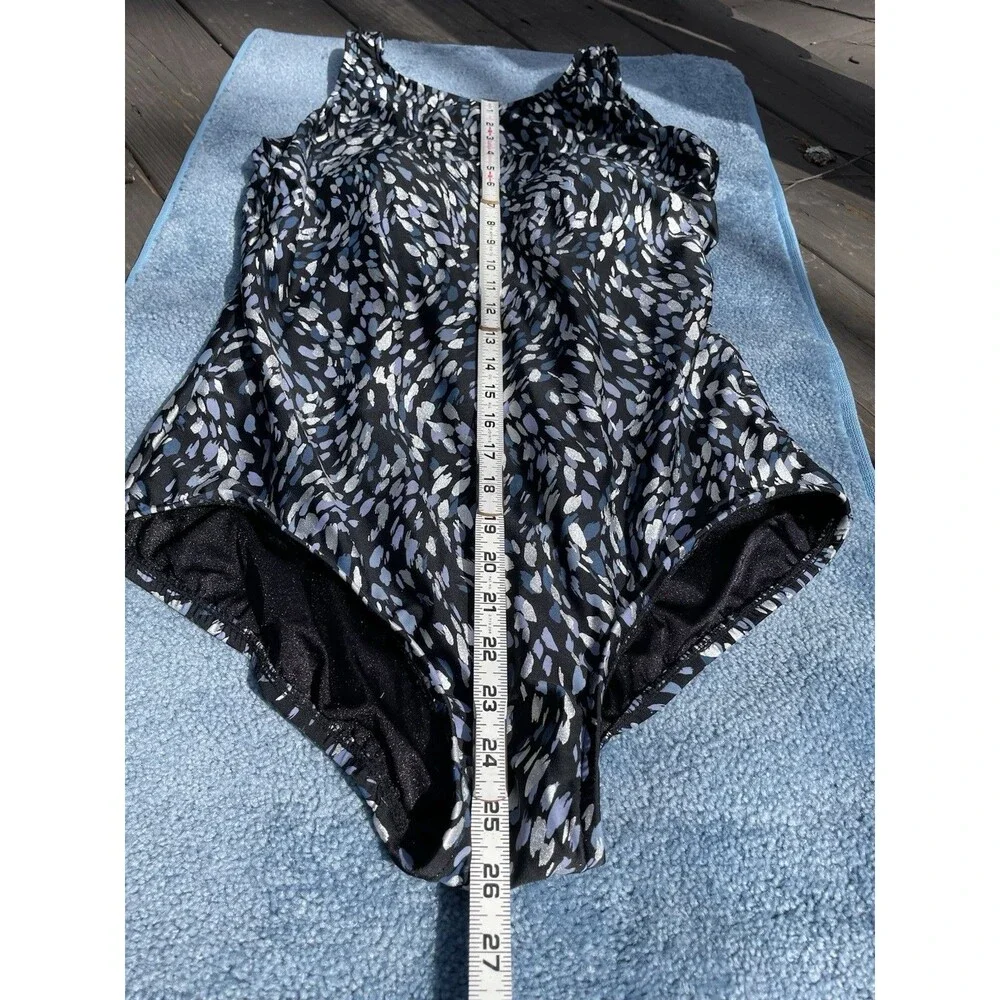 One Piece Swimsuit Sz 14 High Neck Tummy Control Shimmer Print Black Blue Resort